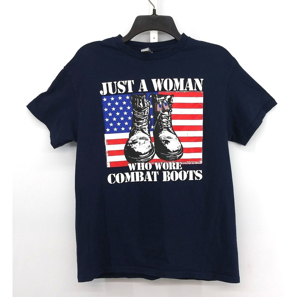 Gildan Shirt Women Size M Dark Blue Print "JUST A WOMAN WHO WORE COMBAT BOOTS"